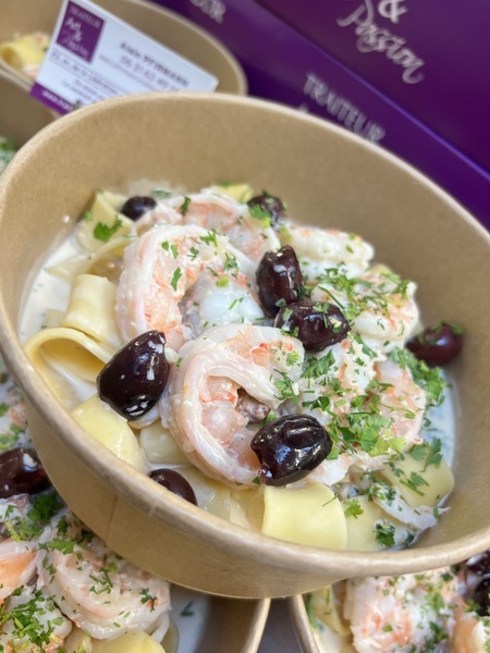 Calamatara aux crevettes et Kalamata