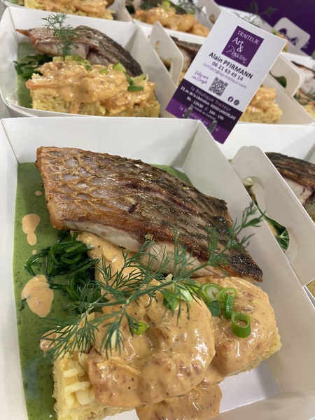 Ombrine snakée, crevettes